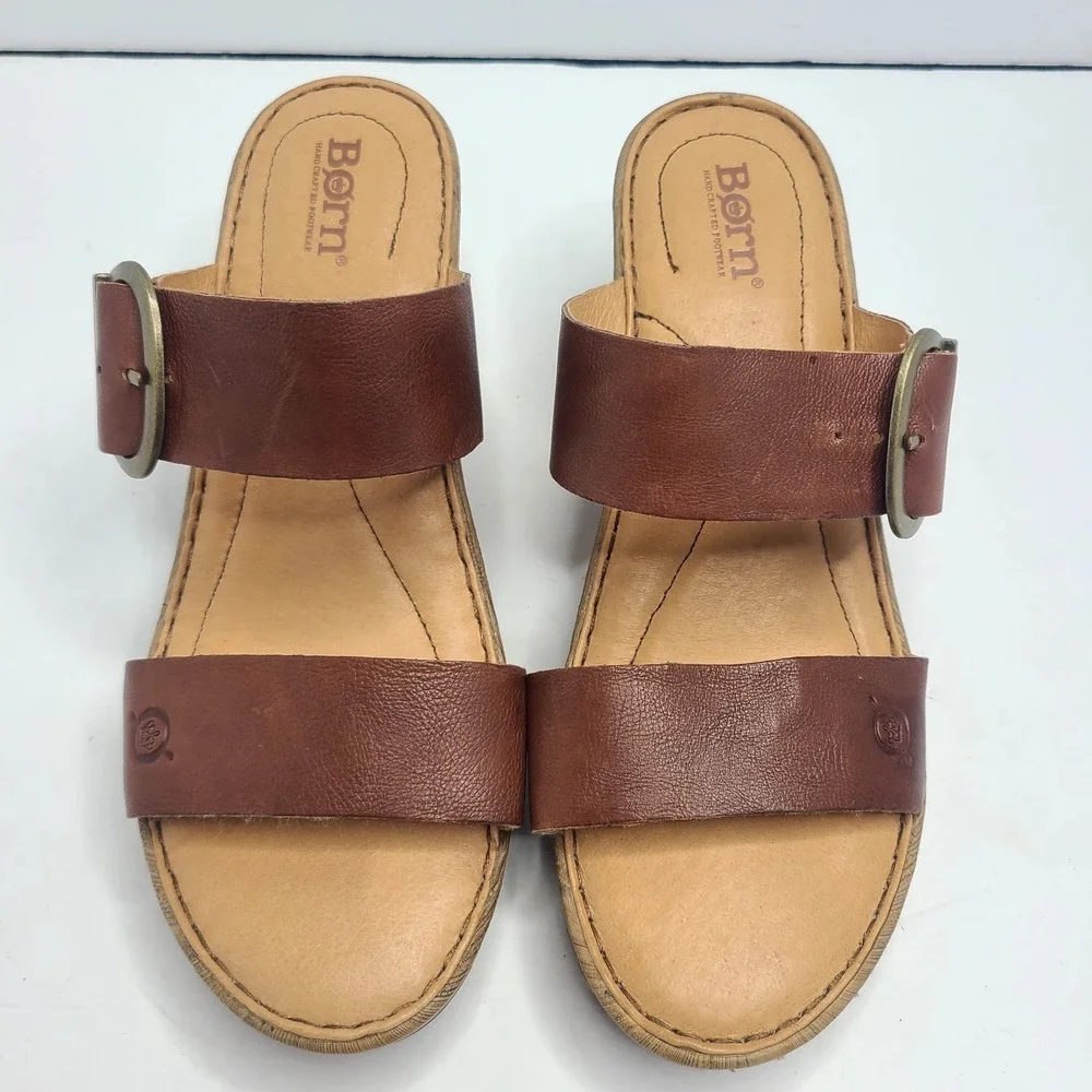 Born Emily Sandal‎ Women's US 8M Wedge Slide Heels Shoes Leather Buckle